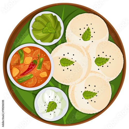 Idli with Sambar & Chutneys in Thali - Indian Food Top View Illustration 