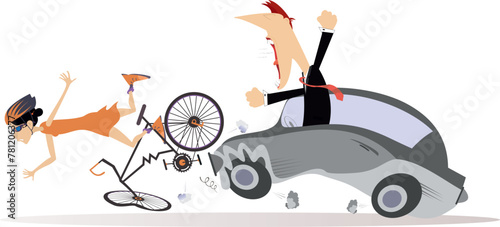 Traffic accident. Bike accident - collisions with car. 
Road collision. Automobile knocking down woman riding on the bicycle. Angry driver shouting to a cyclist woman 
