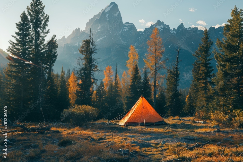 A small orange tent is set up in a field with trees in the background. The scene is peaceful and serene, with the orange tent standing out against the green trees. Concept of adventure