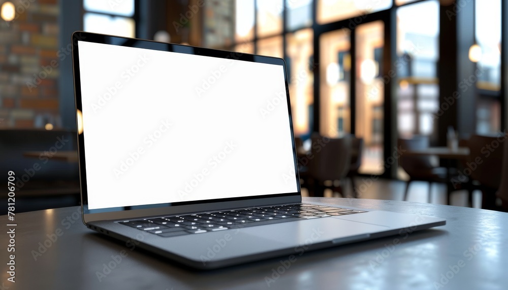 A laptop is open on a table in a restaurant. The laptop screen is blank, and the table is surrounded by chairs. Concept of productivity and focus, as the laptop is likely being used for work or study A laptop is open on a table in a restaurant. The laptop screen is blank, and the table is surrounded by chairs. Concept of productivity and focus, as the laptop is likely being used for work or study