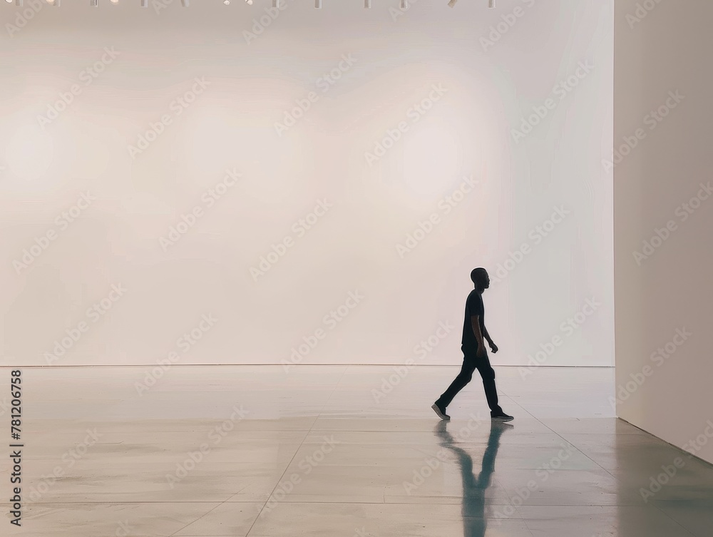 A man walks through a large, empty room. The room is bare and stark, with no furniture or decorations. The man's silhouette against the white walls creates a sense of emptiness and loneliness A man walks through a large, empty room. The room is bare and stark, with no furniture or decorations. The man's silhouette against the white walls creates a sense of emptiness and loneliness