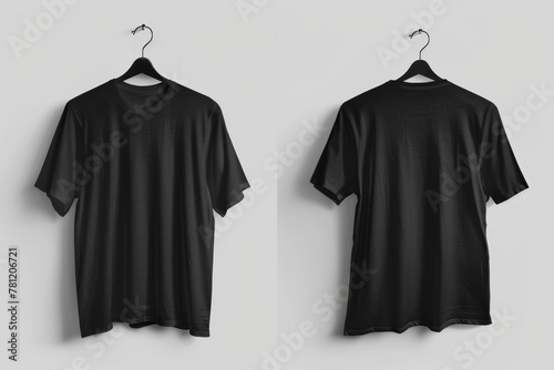 A black shirt is hanging on a hanger. The shirt is black and has no design