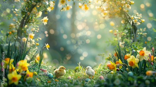 Beautiful Easter scene with small yellow chicks on the grass, colorful eggs and flowers in front of an archway © wanna