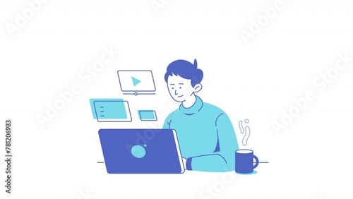 Cartoon Character Using Laptop Animation 4K