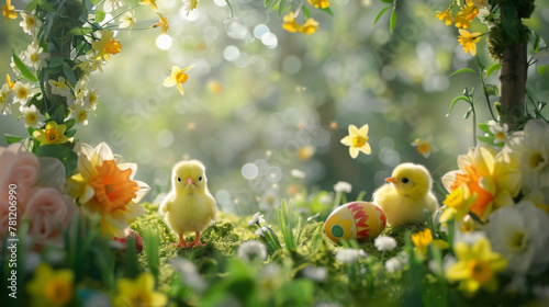 Beautiful Easter scene with small yellow chicks on the grass, colorful eggs and flowers in front of an archway