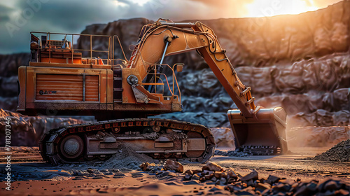 Industrial Construction Site with Heavy Machinery, Excavation Equipment Against Sunset, Bulldozers at Work in a Quarry