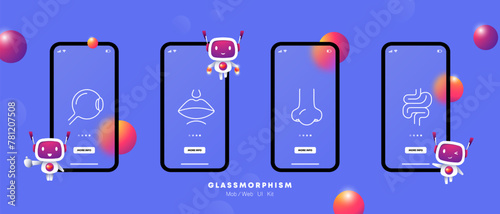 Organs icon set. Intestines, gastric tract, lips, nose, silhouette, eyeball, pupil, nose, flat design, anatomical structures. Medical research concept. Glassmorphism style.