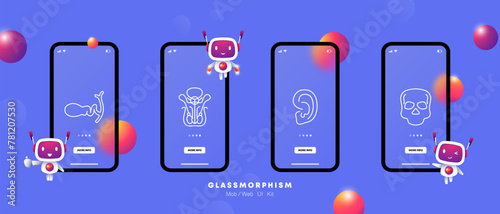 Organs set icon. Female reproductive organ, pelvis, ear, skeleton, skull, gradient, flat design. Nurturing and attending to one's physical and reproductive health concept. Glassmorphism style.