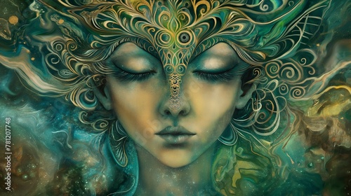 illustration in green tones of a mystical fantasy goddess character wearing a decorative headpiece. 