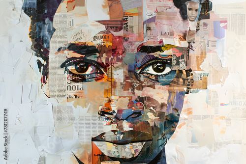 Collage from black woman face with note, newspaper piece text. Experience of person, private life photo