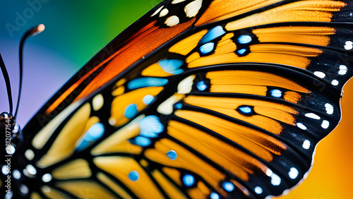 The details of a butterfly's wings using a macro photography lens, highlighting the colors, textures, and transparency. Choose a brightly colored butterfly and fill the frame with its wings entirely. © TingYi