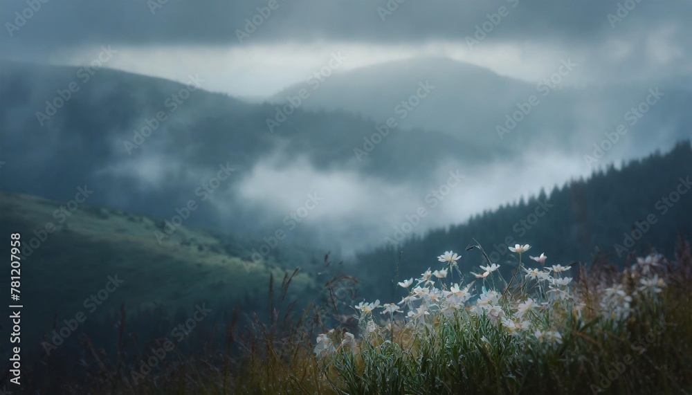 blooming white flowers in carpathians foggy summer scene of mountain valley colorful morning view of borzhava ridge transcarpathians ukraine europe beauty of nature concept background - obrazy, fototapety, plakaty 