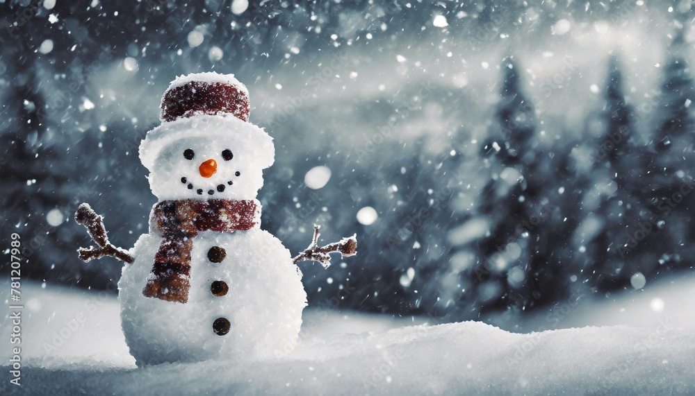 merry christmas and happy new year greeting card with copy space happy snowman standing in winter landscape snow background