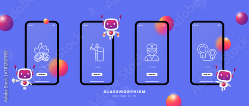 Uprising icon set. Handcuffs, prison, bondage, tires, tires, fire, police, uniform, operational team, flat design, gradient. Fight against the regime concept. Glassmorphism style.