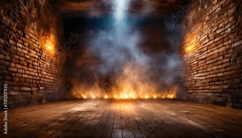 dark basement room empty old brick wall sparks of fire and light on the walls and wooden floor dark background with smoke and bright highlights neon lamps on the wall night view