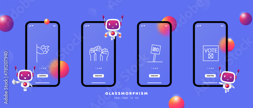 Uprising icon set. Flag, fire, hand, fist, no, banner, sign, voting, community, rebels, uprising, flat design, gradient. Fight against the regime concept. Glassmorphism style.