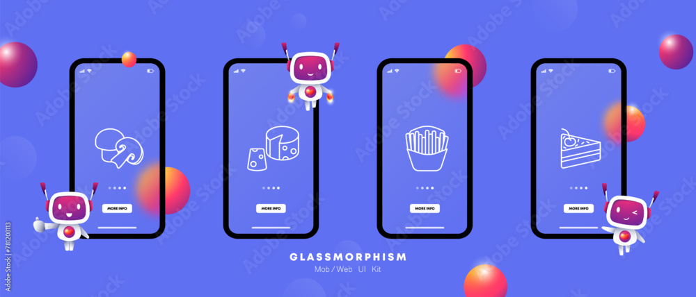 Food set icon. Mushrooms, cut, white and chanterelle mushroom, French fries, fast food, junk food, cake with cream and cherry, cheese with holes, delicacies, unusual food. Glassmorphism style.