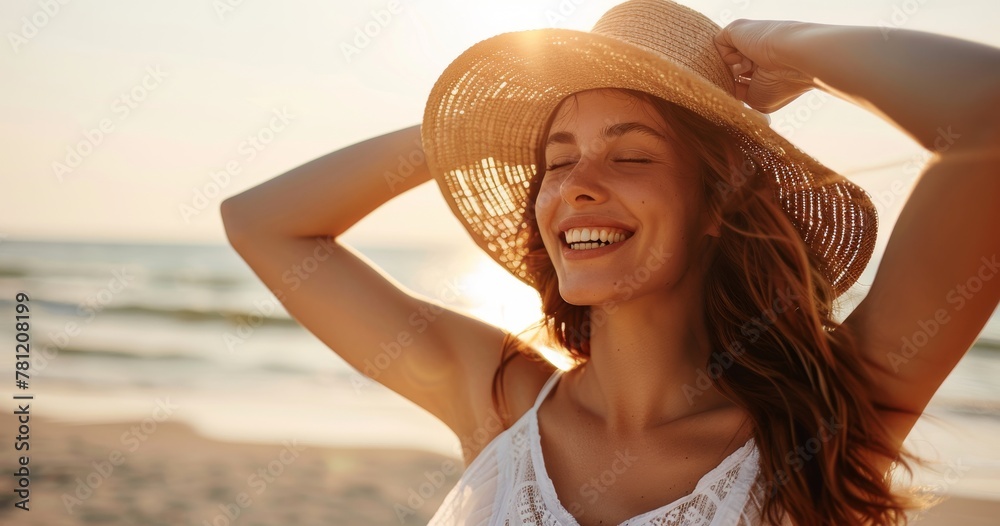 Portrait of beautiful woman smiling and wearing straw hat, enjoying summer day at the beach. Happy beautiful young woman smiling at the beach, girl enjoying sunny day out - Healthy lifestyle concept