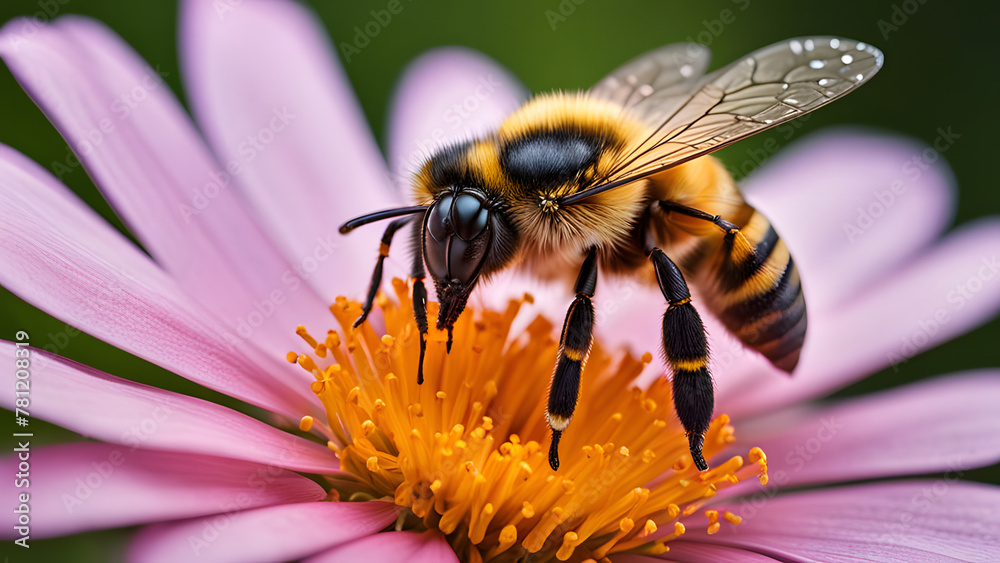 A bee collecting nectar on flowers, highlighting the details of the nectar and the bee. Focus on the nectar and bee, making them clear, while blurring the background to emphasize the subject. A bee collecting nectar on flowers, highlighting the details of the nectar and the bee. Focus on the nectar and bee, making them clear, while blurring the background to emphasize the subject.