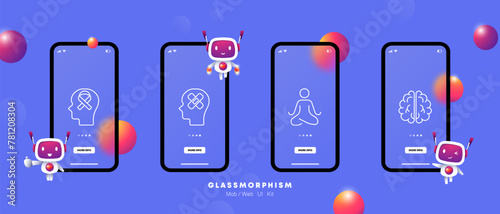 Mood icon set. Human, silhouette, ribbon, fight against cancer, patch, treatment, rehabilitation, meditation, man, brain, gradient. Controlling your condition concept. Glassmorphism style.