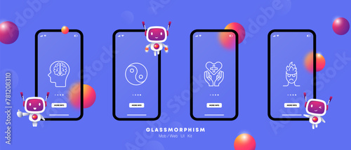 Mood icon set. Man, silhouette, fire, anger, aggression, brain, hands, proposal, heart, cross, health care, yin yang, gradient. Controlling your condition concept. Glassmorphism style.