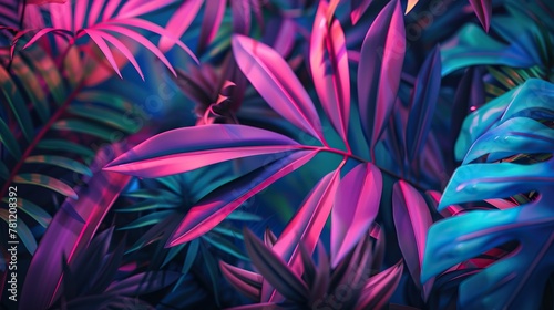 neon abstract background resembles a digital jungle, abstract flora with colorful glowing leaves