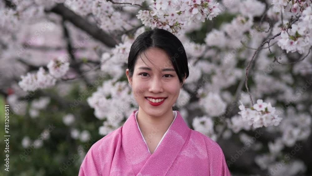 満開の桜を背景に、着物を着た若い女性の笑顔のズームインポートレート 満開の桜を背景に、着物を着た若い女性の笑顔のズームインポートレート
