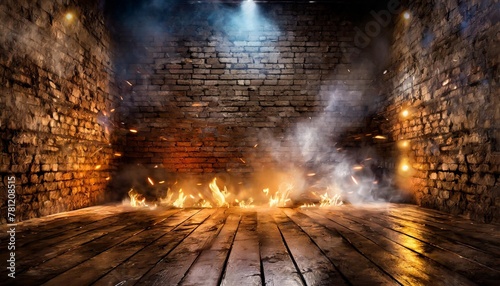 dark basement room empty old brick wall sparks of fire and light on the walls and wooden floor dark background with smoke and bright highlights neon lamps on the wall night view