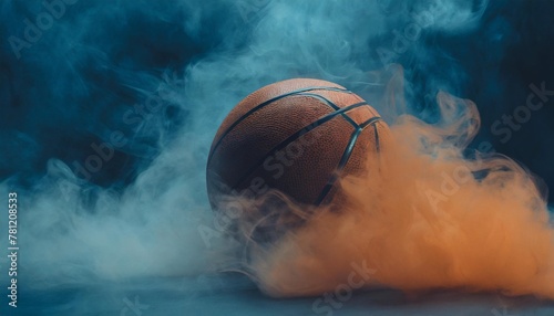 basketball in the center enveloped by orange smoke on a breathtaking blue smoke in basketball court