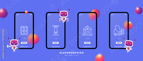 Construction set icon. Repair supplies, equipment, gradient, bump stop, workplace, house, foundation, cascade, window, transportation vehicle. Construction equipment concept. Glassmorphism style.