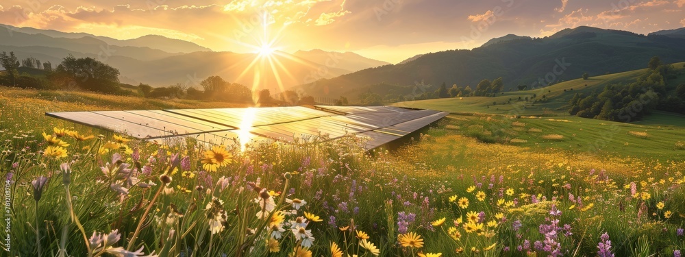 Solar panels with blue sunset sky and sun in the background. Installed ...