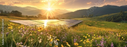 Solar panels with blue sunset sky and sun in the background. Installed solar panels, green energy. Renewable energy concept with solar panels against a vibrant sunset and cloudy sky.