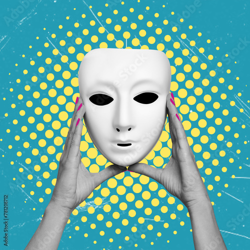 A modern artistic collage featuring the image of a theatrical mask held by a woman's hands.