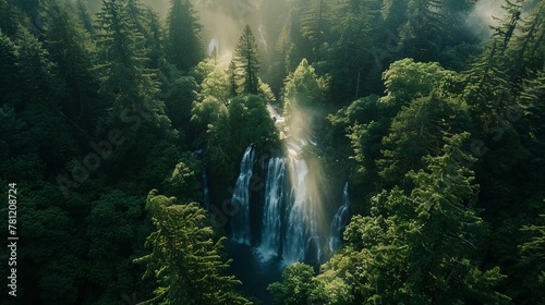 Aerial view of a majestic waterfall in a dense forest  drone capturing the cascading water and lush greenery