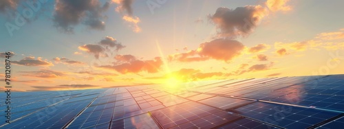 Solar panels with blue sunset sky and sun in the background. Installed solar panels, green energy. Renewable energy concept with solar panels against a vibrant sunset and cloudy sky. photo