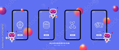 Casino set icon. Dice, six, four, playing wheel, bit, win, lose, cherry, slot machine, chips, bet, gradient. Gambling, allure and excitement of the gaming world concept. Glassmorphism style.