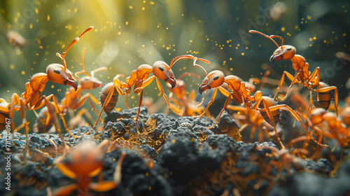 A group of ants are fighting over a piece of food. Scene is intense and competitive photo
