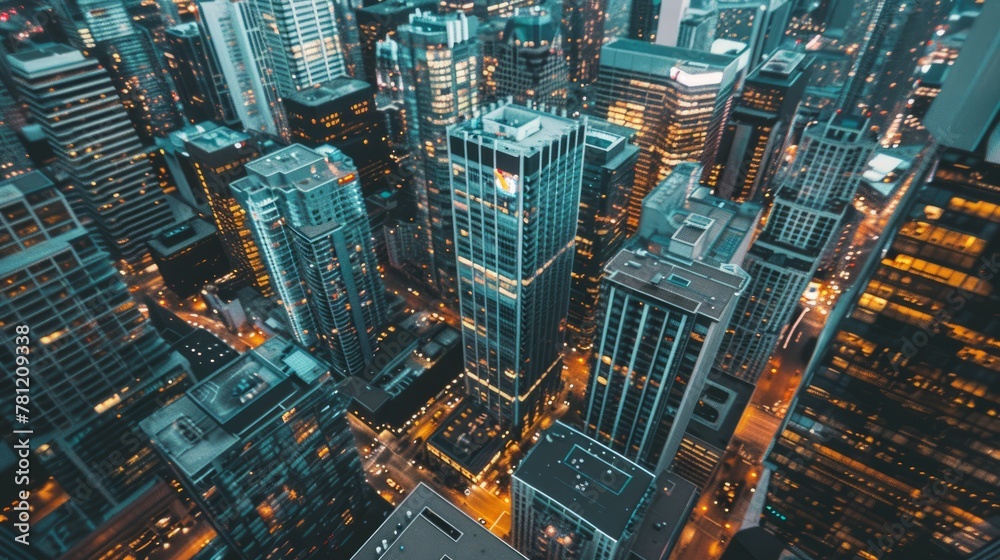 Fototapeta premium Drone photograph of a bustling cityscape at twilight, skyscrapers illuminated, busy streets below