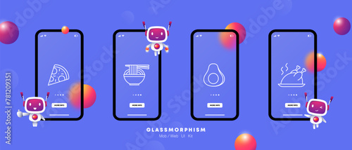 Food set icon. Pizza, ramen, noodles, egg, white, yolk, natural product, fast food, unhealthy, healthy and fatty food, chicken, gradient, yolk, white, delicacies, unusual food. Glassmorphism style.