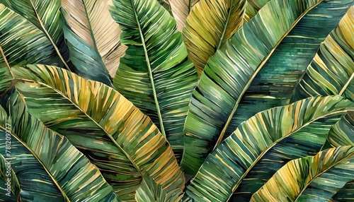 tropical seamless border with beautiful palm banana leaves hand painted vintage 3d illustration glamorous exotic abstract background design luxury wallpaper posters paper cloth fabric printing photo