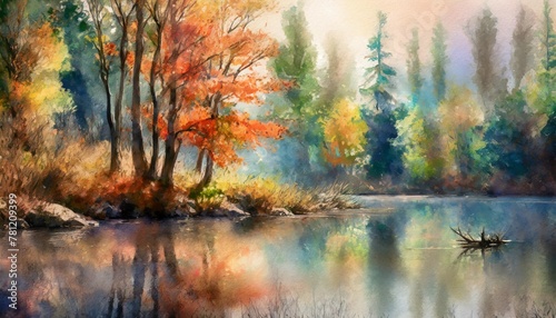 beautiful watercolor autumn landscape with lush colorful autumnal trees on the shore of calm forest lake or pond at sunny fall day digital art painting from my own 3d rendering file generate ai