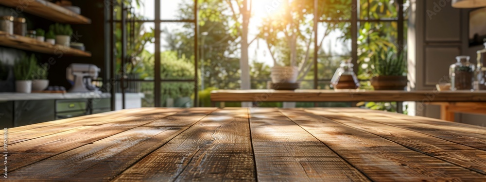 Wooden kitchen table with empty wooden board for product presentation on blurred background Blurred Empty Wooden Table Background Cafe Restaurant Table, Wooden Table, Copy Space. Product Photography