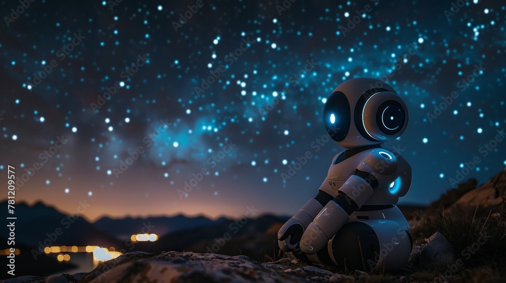 AI robot sitting alone, gazing at a starry night sky, a sense of wonder ...