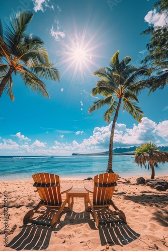 Poster style  sunny  on the beach  Hawaiian style  beach chairs next to it  blue sky