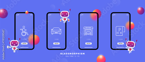 Tax set icon. Garage, check, invoice, machine, car, parking, pitstop, P, gradient, silhouette, flat design, man, wheelchair, sign, design, interface. Glassmorphism style.