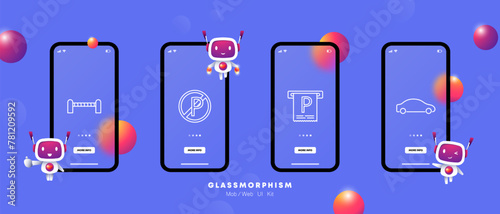 Tax set icon. Garage, check, parking ban, machine, car, parking, pitstop, P, gradient, silhouette, flat design, stop, fencing, barrier, sign, design, interface. Glassmorphism style.
