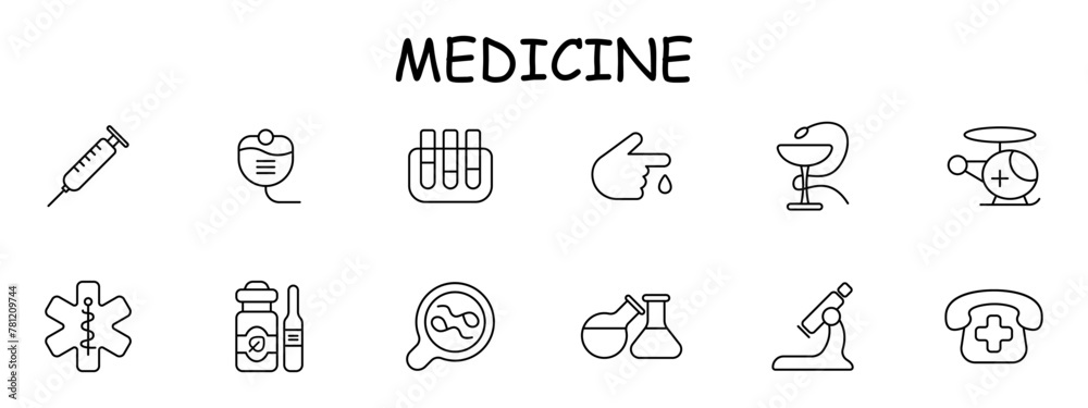 Medical equipment set icon. Glass, snake, goblet, telephone, cross, call an ambulance, microscope, magnifying glass, flask, container, dropper, health care. Medical care concept. Vector line icon.