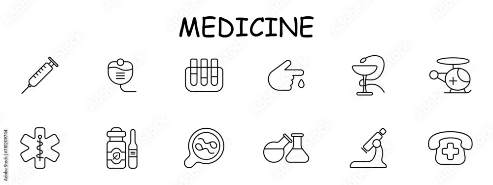 Medical equipment set icon. Glass, snake, goblet, telephone, cross, call an ambulance, microscope, magnifying glass, flask, container, dropper, health care. Medical care concept. Vector line icon. Medical equipment set icon. Glass, snake, goblet, telephone, cross, call an ambulance, microscope, magnifying glass, flask, container, dropper, health care. Medical care concept. Vector line icon.
