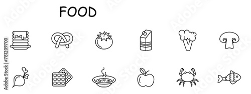 Food set icon. Fish  tomato  pastries  milk  crab  pancakes  apple  natural products  mushrooms  radishes  soup  hot  delicacies  unusual food. Healthy eating concept. Vector line icon.