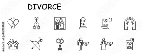 Divorce set icon. Document, broken heart, burning paper, breakup, separate, bride, wedding dress, bow, grave, photo card, split, crown. Parting, ending a relationship concept. Vector line icon.